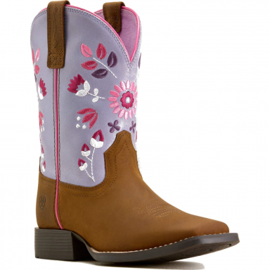 Ariat Unisex Youth Wild Bloom Wide Square Toe Western Boot - Distressed Brown Mystic Lavender
