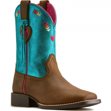 Ariat Unisex Youth Rodeo Love Wide Square Toe Western Boot - Distressed Brown Aqua Dazzle