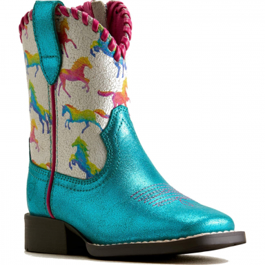 Ariat Unisex Youth Skydancer Wide Square Toe Western Boot - Aqua Dazzle Rainbow Pony Print