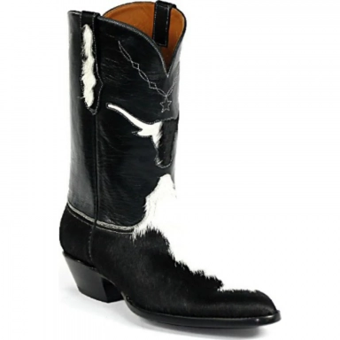 Black Unisex Jack Long Horn Inlay Hair-On Calf Cowboy Boot