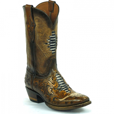 Black Jack Shield Inlay With Cording Craftsman Hand-Tooled Cowboy Boot HT-1425