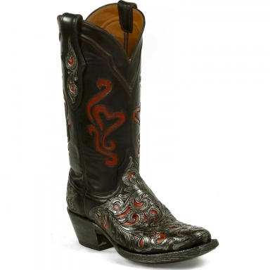 Black Unisex Jack Juni Inlays with Cord Tooled Filigreed Vines Western