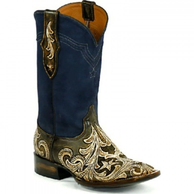 Black Unisex Jack Alpine Cord Design Craftsman Hand-Tooled Cowboy Boot