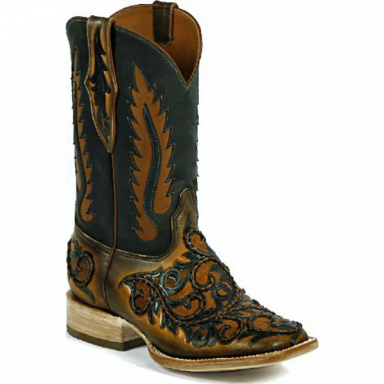 Black Jack Terlingua Inlays ? Braided Cord Craftsman Hand-Tooled Cowboy Boot HT-311