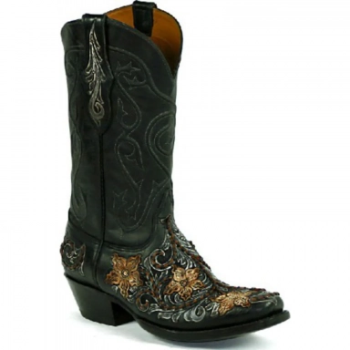 Black Unisex Jack Swirl Cord Braided Craftsman Hand-Tooled Cowboy Boot