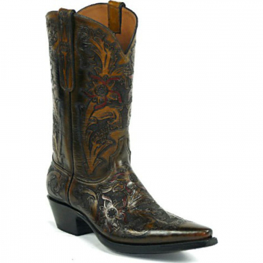 Black Jack Flowers Hand Tooled Design Craftsman Hand-Tooled Cowboy Boot HT-44