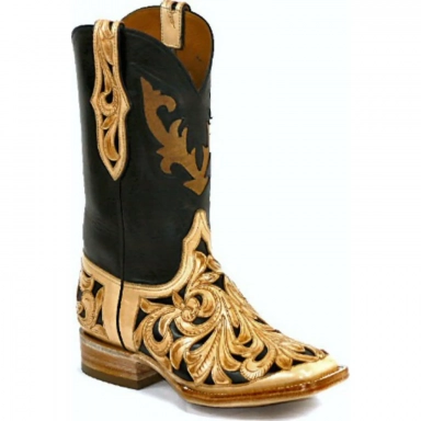 Black Unisex Jack Ceasars Inlay Craftsman Hand-Tooled Cowboy Boot