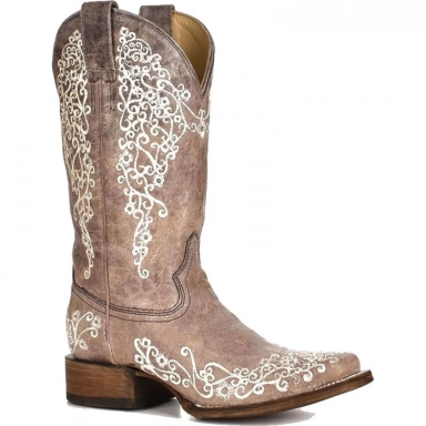 Corral Womens Iconic Lisa Brown Crater Bone Embroidery Square Toe