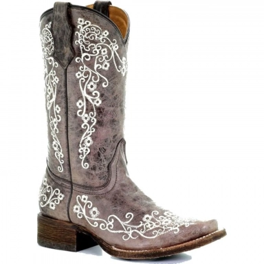 Corral Teens Lisa Roper Brown Bone Embroidery Square Toe Western