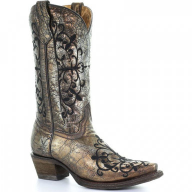 Corral Teen Pearl Black Bronze Long Pull Strap Western Boot A3154
