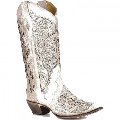 Corral Womens White Glitter Inlay Crystals Wedding Boot
