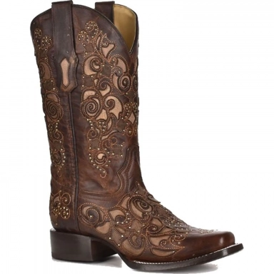 Corral Womens Brown Inlay Studs Embroidery Square Toe Western Boot