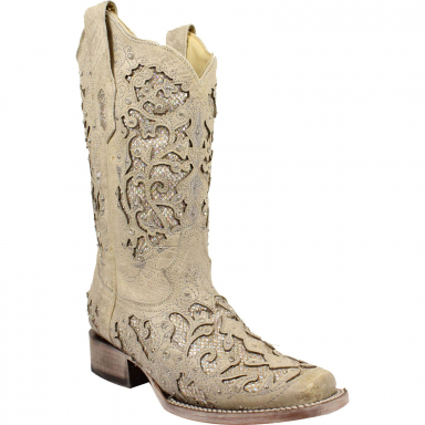Corral Womens Eliza White Glitter Inlay And Crystals Square Toe Western Boot A3397