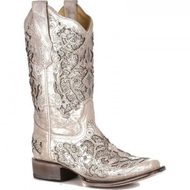 Corral Womens White Glitter Inlay Crystals Square Toe Western Boot