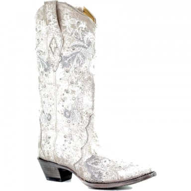 Corral Womens White Floral Embroidery And Crystals Wedding Boot