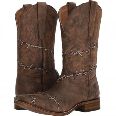 Corral Mens 11.5" Brown Barbed Wire Leather Square Toe Cowboy Boot A3532