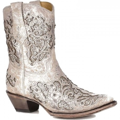 Corral Womens White Glitter Inlay Crystals Ankle Wedding Boot