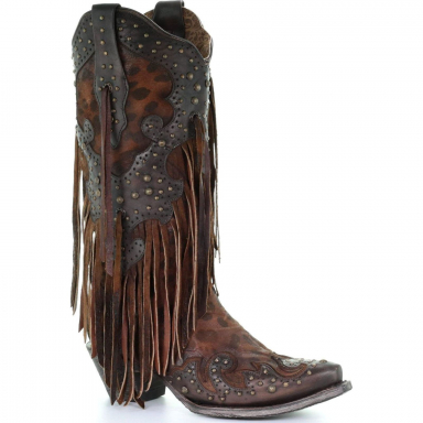 Corral Womens Honey Goat Overlay And Studs And Fringes Western Boot A3618