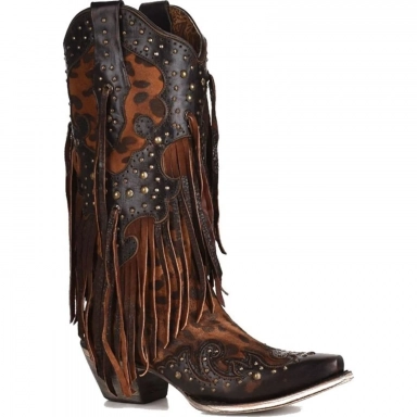 Corral Womens Honey Goat Overlay And Studs Fringes Western Boot