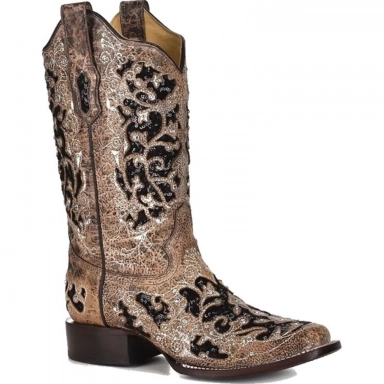 Corral Womens Brown Inlay And Embroidery Studs Crystals Square Toe