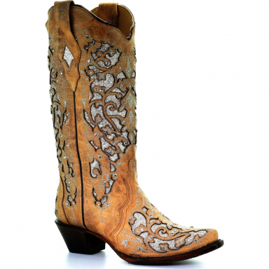 Corral Womens Beige Inlay And Flowered Embroidery And Studs And Crystals Boot A3670