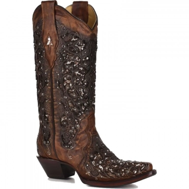 Corral Womens Cognac Inlay Flowered Embroidery Studs Crystals Boot