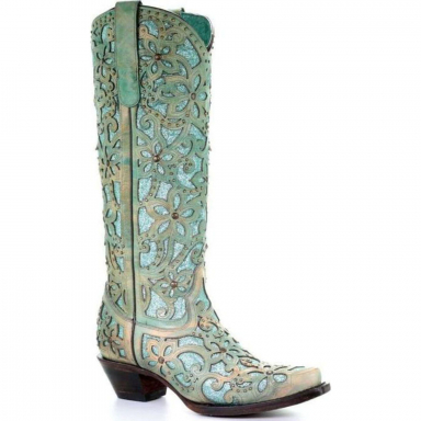 Corral Womens Turquoise Inlay Embroidery Studs Tall Top Cowgirl Boot A3674
