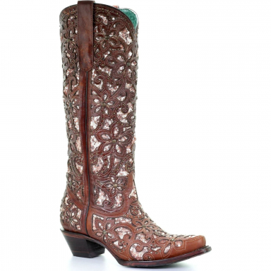 Corral Womens Tan Inlay Embroidery Studs Tall Top Cowgirl Boot A3675