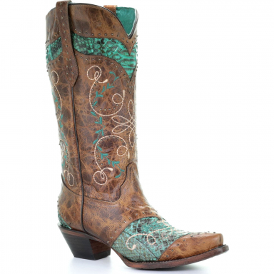 Corral Womens Sand Turquiose Python Inlay Embroidery Studs Cowgirl Boot A3685