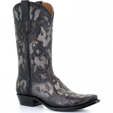 Corral Mens Black Grey Inlay And Embroidery Narrow Square Toe Boot A3719
