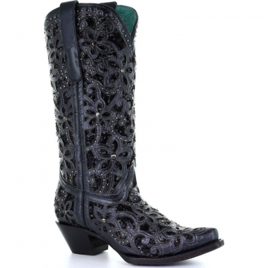 Corral Womens Black Inlay Embroidery Studs Cowgirl Boot A3752