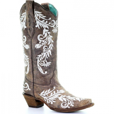 Corral Womens Brown White Embroidery Cowgirl Boot A3753