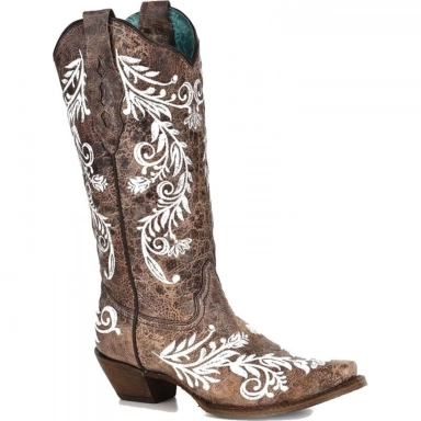 Corral Womens Brown White Embroidery Cowgirl Boot