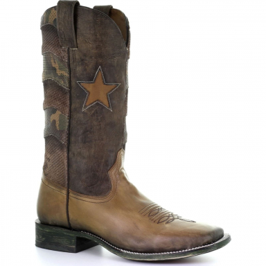 Corral Mens Brown Star Inlay Embroidery Square Toe Cowboy Boot A3764