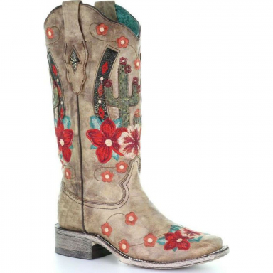 Corral Womens Taupe Cactus Overlay Flowered Embroidery Square Toe Cowgirl Boot A3769