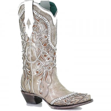 Corral Womens White Overlay Embroidery Studs Crystals Boot