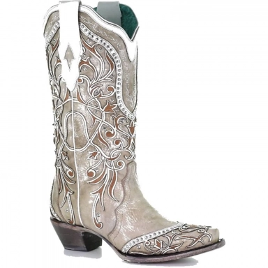 Corral Womens White Overlay Embroidery Studs Crystals Boot