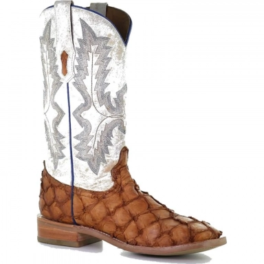 Corral Mens Cognac-White Fish Pirarucu Embroidery Square Toe Boot