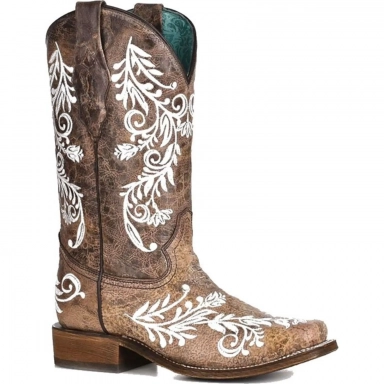 Corral Womens Brown-White Embroidery Square Toe Glow Collection Boot