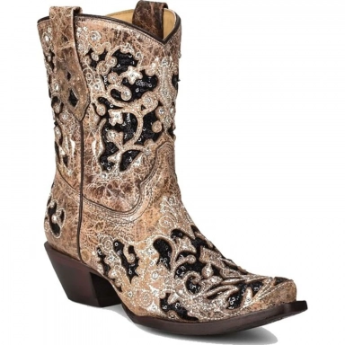 Corral Womens Brown Inlay Embroidery Studs Crystals Ankle Boot