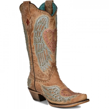 Corral Womens Sand Heart Wings Overlay Embroidery Studs Boot