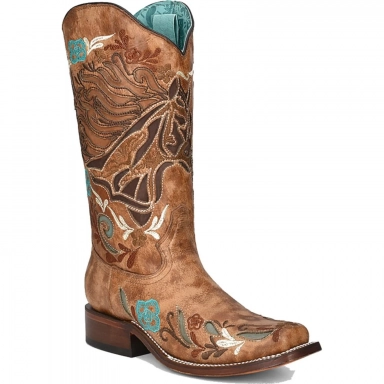 Corral Womens Sand Horse Inlay Multicolor Embroidery Square Toe