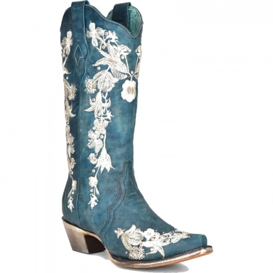 Corral Womens Navy Blue Studs Floral Embroidery Crystals Boot