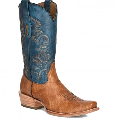 Corral Mens Sand-Navy Blue Embroidery Horseman Toe Boot