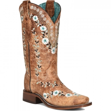 Corral Womens Distressed Cognac Floral Embroidery Square Toe Glow In