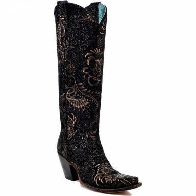 Corral Womens Black-Gold Stamped Floral Suede Tall Top Boot A4481