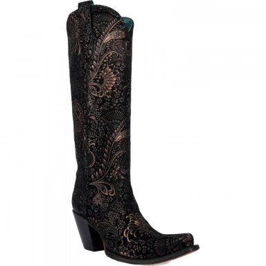 Corral Womens Black-Gold Stamped Floral Suede Tall Top Boot