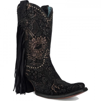 Corral Womens Black-Gold Stamped Floral Suede Studs Fringes Ankle