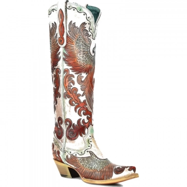 Corral Womens White Hand Tooled Painted Fire Phoenix Boot