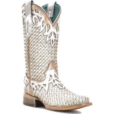 Corral Womens White Glitter Woven Overlay Square Toe Boot A4524